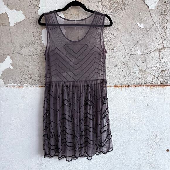 Free People Dress Sheer Beaded Charcoal Mini Mesh Embellished Art Deco Party M - Picture 5 of 6